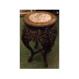 20th century oriental carved hardwood and marble topped plant stand, 24" high