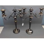 Pair large 20th century silver plated three light candelabra, raised on knopped stems and circular