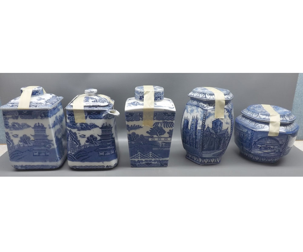 Rington's Ltd Tea Merchants, Newcastle upon Tyne, group of four various blue and white tea canisters