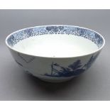 Oriental Circular Bowl, painted in underglaze blue with an all over Chinese river scene, (rim chips)