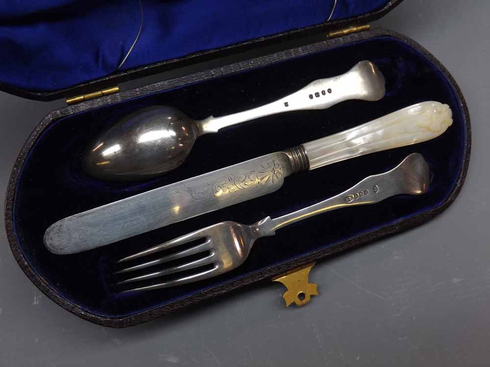 Cased Victorian silver plated three piece Christening Spoon, Fork and Knife set