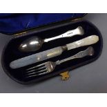 Cased Victorian silver plated three piece Christening Spoon, Fork and Knife set