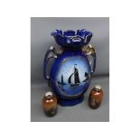 Mixed lot: large blue double handled vase decorated with riverside scene, together with a further