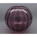 Contemporary purple glass circular vase, of ribbed form, 10" high