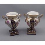 19th century pedestal urn-type vases, decorated with panels of various flowers and foliage, 6" high