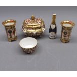 Mixed Lot: Royal Crown Derby miniature wares to include pair of circular flared vases, small salt