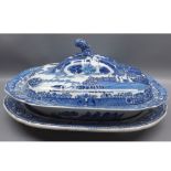 19th century blue and white covered vegetable dish together with a further Willow pattern meat