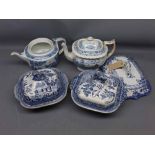 Mixed Lot: 19th century blue and white wares, comprising two covered vegetable dishes, two teapots