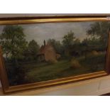 B CARR, oil on board, Rural farm cottage, 29" x 15", signed and dated 1990