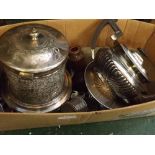 Mixed Lot: various plated wares to include large circular biscuit barrel with retailer's marks for
