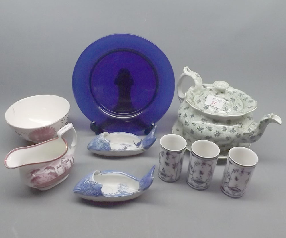 Mixed Lot: 19th century Staffordshire teapot, further pink lustre finish cream jug, sugar basin