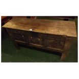 18th century oak coffer, with three panel carved front and chip carved lid, 45" wide