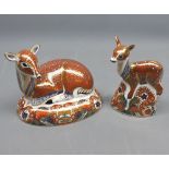 Royal Crown Derby Paperweights, seated hind and fawn, both designed exclusively for The Royal