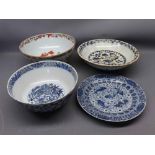 Mixed Lot: two 19th century Chinese circular decorated bowls, further blue and white plate and a
