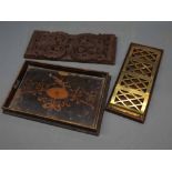 Mixed Lot: small inlaid tray, carved wooden book rack and a wall mounted letter rack (3)