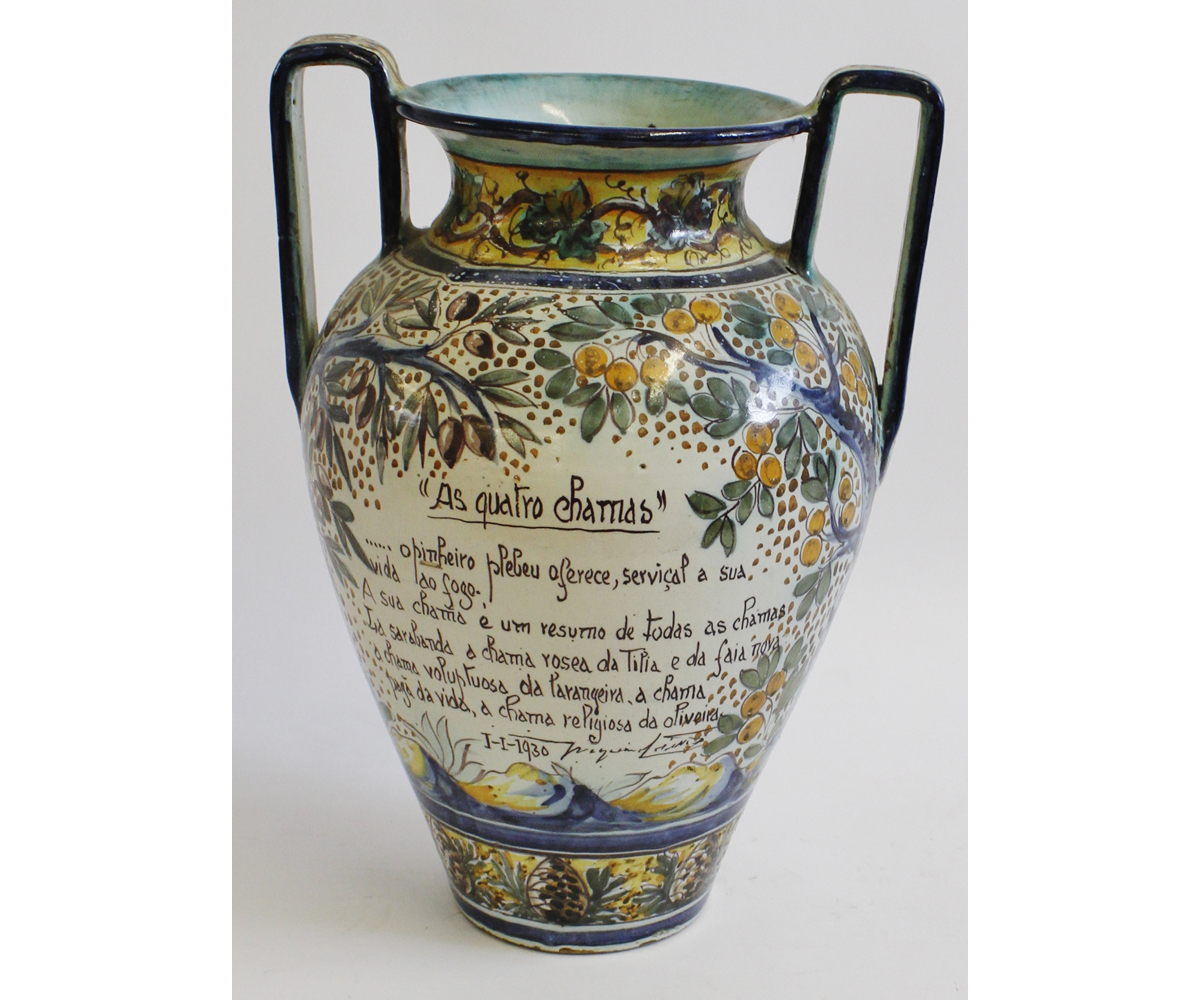 Faience type two-handled large urn, of tapering circular form, inscribed with verse entitled "As