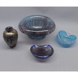 Early 20th century cloud glass circular bowl together with two further Art Glass ashtrays