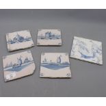 Collection of five antique Delft tiles, largest 6" square