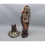 Mixed lot: 20th century Oriental carved soapstone figure together with a silver plated foliate