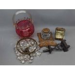 Mixed lot: cranberry and clear glass bowl, ink well on metal stand, hanging ceiling light fitting