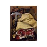 Box various military wares to include canvas bags, military uniform, Union Jack, ice axe, binoculars