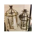 Vaughan of London - two brass framed hanging ceiling three-light fittings