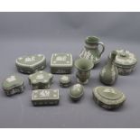 Quantity of 20th century Wedgwood green Jasper wares to include various trinket boxes, jugs,
