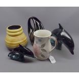 Mixed lot: comprising two Poole Pottery dolphins, a Radford vase, Carlton Ware vase and one other (