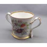 19th century English double handled mug decorated with sprays of flowers and rose text with gilt