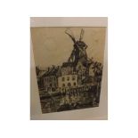 INDISTINCTLY SIGNED, charcoal sketch, Harbour scene with windmill, in modern gilt frame, 16" wide in