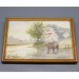 19TH CENTURY ENGLISH SCHOOL, watercolour, Cows at riverside, 8" wide, framed and glazed