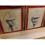 Set of four small framed pencil sketches, various Nazi soldiers, all initialled A D , frame 8" high