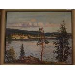 M FINSTOOM, oil on board, Swedish lake scene, signed and dated 1946, 22 x 18"