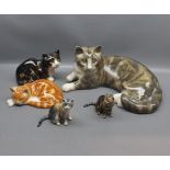 Mike Hinton, collection of five various pottery cats, largest 12" wide