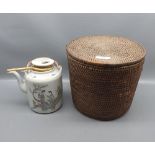 20th century Chinese tea kettle, in fitted wicker basket