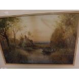 REGINALD GOODMAN, watercolour study, Riverside cottage with figures, 19" wide including frame