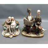 Modern Capodimonte figure group, two old men seated on a sofa, together with further Capodimonte