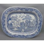 19th century blue and white willow pattern meat plate, 18" wide