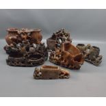 Collection of six various late 19th/early 20th century Chinese carved soapstone flower holders,