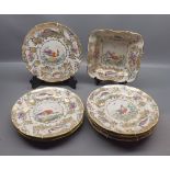 Six Booths bird decoration and gilt floral highlighted dessert plates, and accompanying square dish,