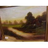 Late 19th or early 20th century, unsigned oil, Rural cottage at sunset, 20" wide