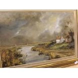 SHIRLEY CARNT, oil on canvas study, Broadland Scene, 34" wide including frame