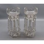 Pair of 19th century cut clear glass lustre vases, with glass prismatic drops, 9" high