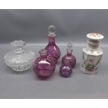 Mixed Lot: various modern coloured glass scent bottles, clear glass dressing table jar and a further
