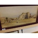 INDISTINCTLY SIGNED, 19th century watercolour, Castle ruins, marked Corfe 1853, in contemporary wood