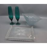 Mixed Lot: various glass wares to include Art Deco flower vase, clear glass dressing table tray