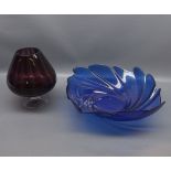 Blue Art Glass bowl and a purple and clear glass vase (2)