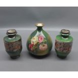 Mixed Lot: pair of small silver topped ceramic vases, decorated with classical scenes; an unsigned