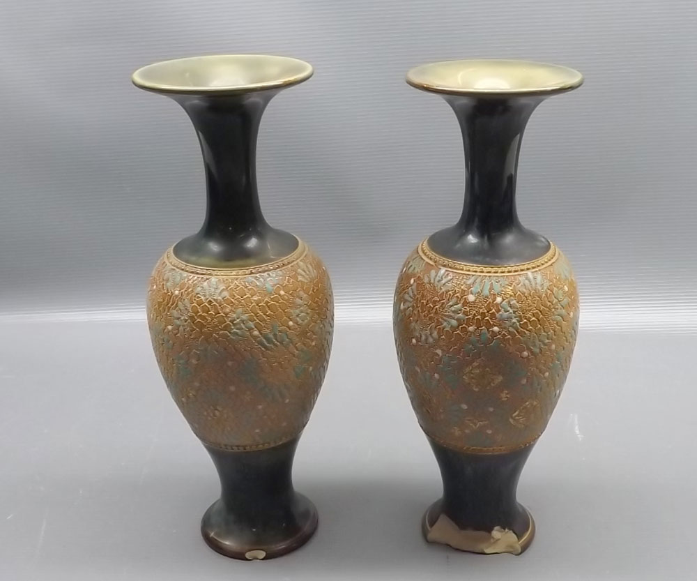 Pair of Doulton Slaters baluster stem vases, 10" high (A/F)