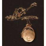 Modern 9ct gold oval locket, engraved "MUM", on a fine trace chain, 2.3gms gross weight